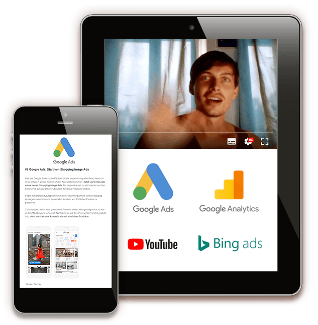 Newsletter-Tablet- Smartphone und Tablet mit Newsletter, Logos und Video