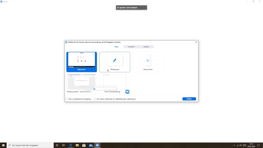Bildschirm freigeben, Whiteboard, iPad, Meeting starten Zoom